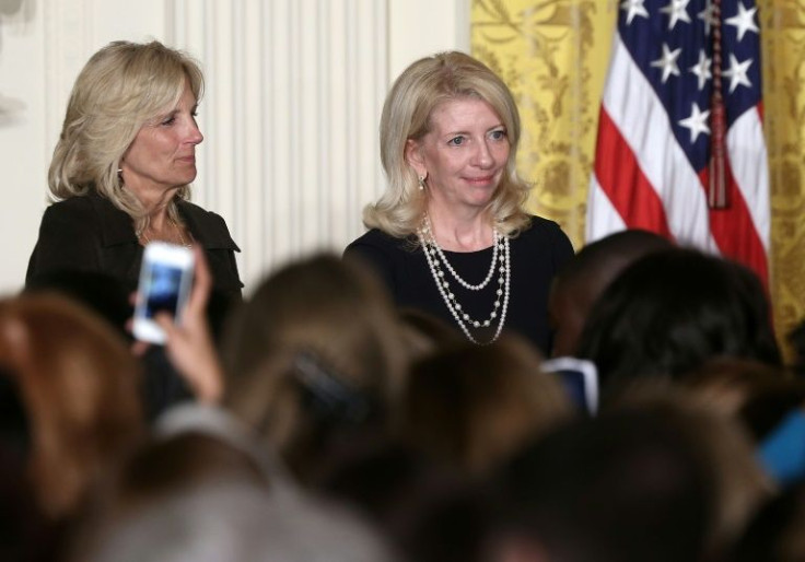 Director of the White House Office of Presidential Personnel Catherine Russell, seen here standing to the right of Jill Biden, was chosen to direct UNICEF