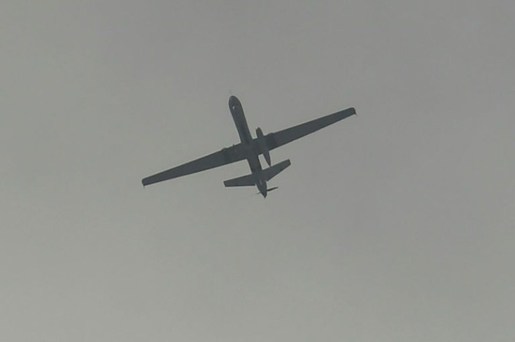 A drone flies over the airport in Kabul on August 31, 2021, the final day of the US-led evacuation after the Taliban took control of the country