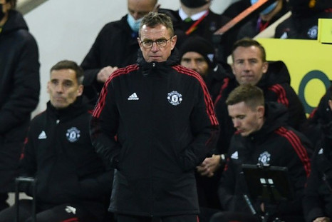Manchester United manager Ralf Rangnick looks on during the match at Norwich