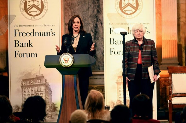 US Vice President Kamala Harris (left) speaks alongside Treasury Secretary Janet Yellen (right) at the 2021 Freedman's Bank Forum in Washington on December 14, 2021