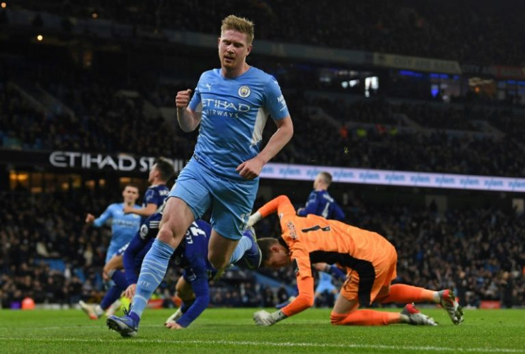 Manchester City midfielder Kevin De Bruyne celebrates scoring against Leeds