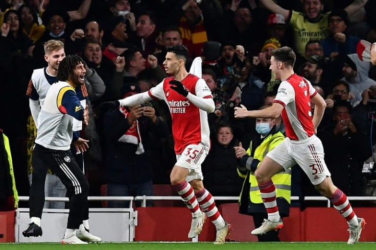 Arsenal's Gabriel Martinelli (C) celebrates scoring against West Ham