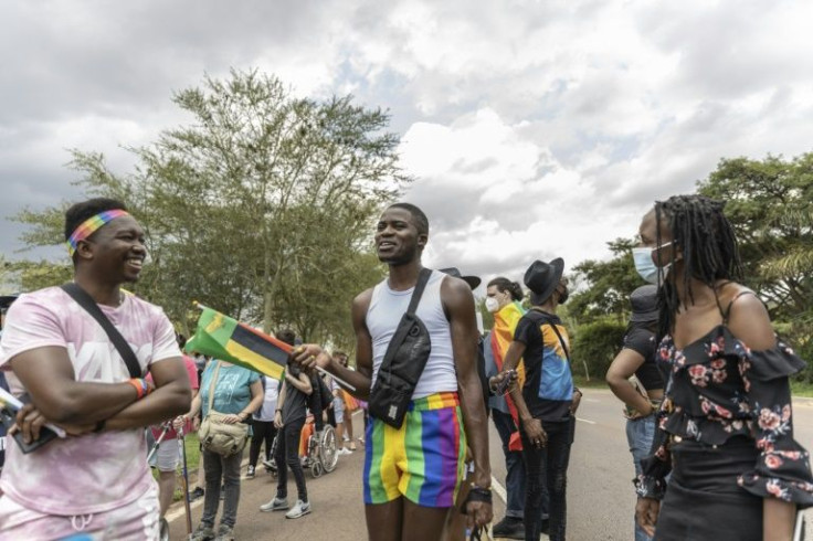 Zambian refugee activist Anold Mulaisho (C) marched at Pretoria Pride, an event underlining how South Africa has some of the world's most progressive LGBTQ+ laws