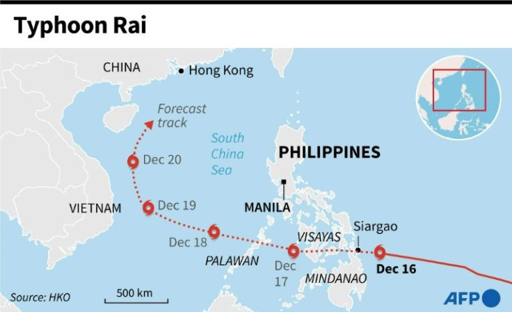 The path of Typhoon Rai as it heads past the Philippines towards China on December 16