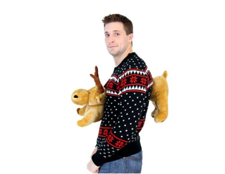 Black 3D Ugly Christmas Sweater with Stuffed Moose