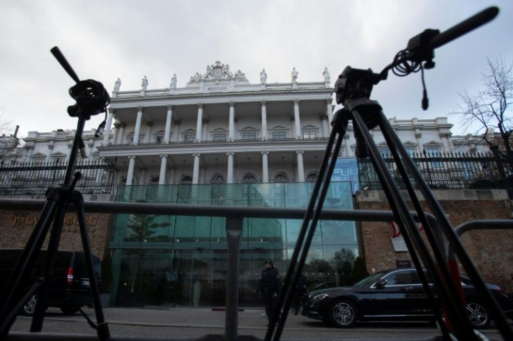 Camera tripods stand in front of the Palais Coburg in Vienna as world powers hold talks on restoring the Iran nuclear deal