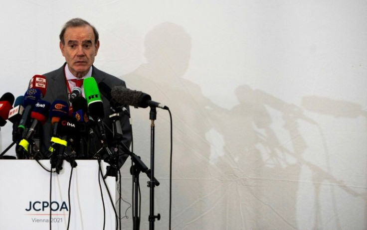 EU envoy Enrique Mora speaks to journalists after a meeting in Vienna on restoring the Iran nuclear deal