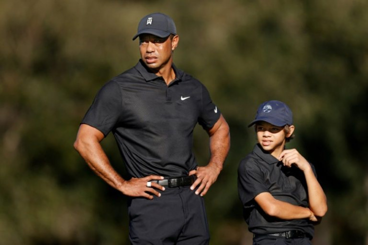 Tiger Woods and son Charlie during a pro-am round ahead of the PNC Championship family tournament at the Ritz Carlton Golf Club in Orlando, Florida