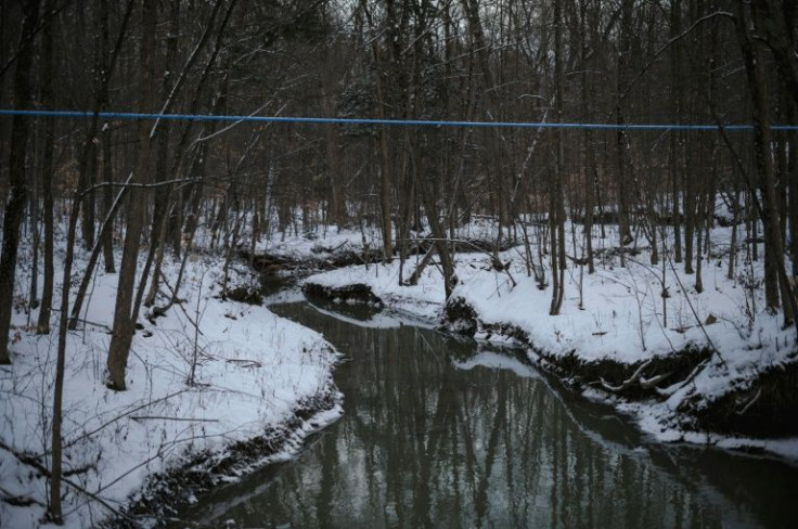 Tubes traverse a creek at the Belfontaine Holstein maple syrup farm in Saint-Marc-sur-Richelieu, Quebec