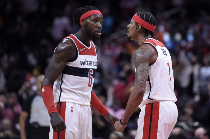 Montrezl Harrell #6 and Bradley Beal #3 of the Washington Wizards