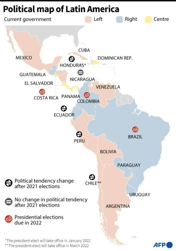 Map of Latin America showing political tendencies of countries after elections in Chile