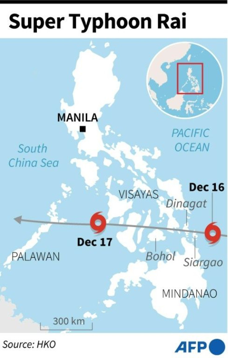 The path of deadly Typhoon Rai across the Philippines which struck Thursday, December 16.