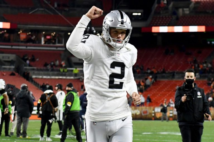 Las Vegas kicker Daniel Carlson celebrates after his game-winning field goal on the final play gave the Raiders an NFL victory at Cleveland