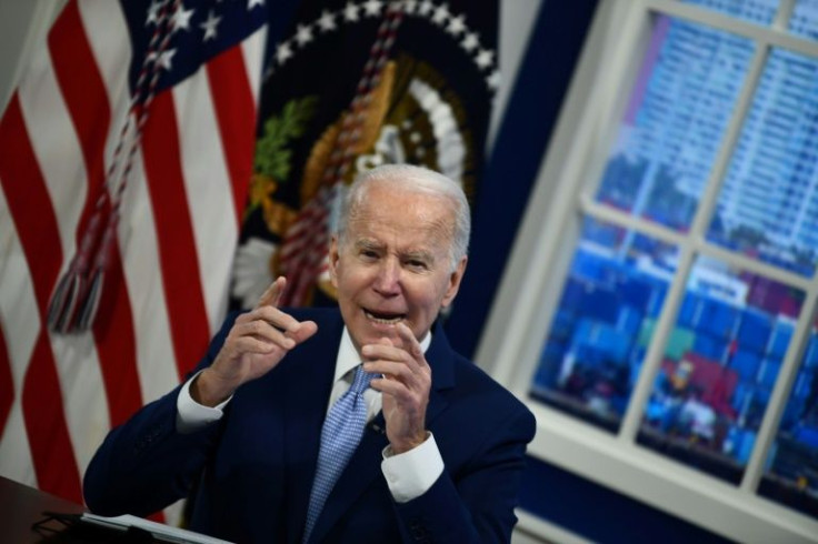 US President Joe Biden speaks during a meeting with the Supply Chain Disruptions Task Force and private sector CEOs, in the South Auditorium of the White House in Washington, DC, on December 22, 2021