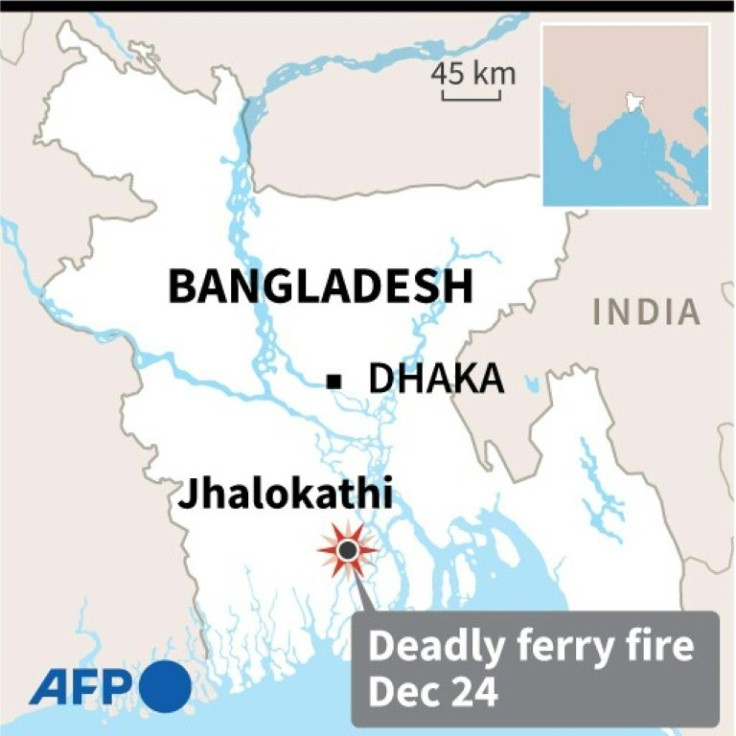 Map of Bangladesh locating the town of Jhalokathi near where more than 30 people died when a packed ferry caught fire on Friday.