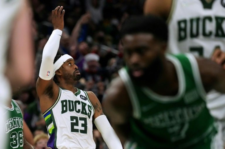 Go ahead: Milwaukee's Wesley Matthews celebrates after making a three-point basket in the second half of the Bucks' NBA win over the Boston Celtics