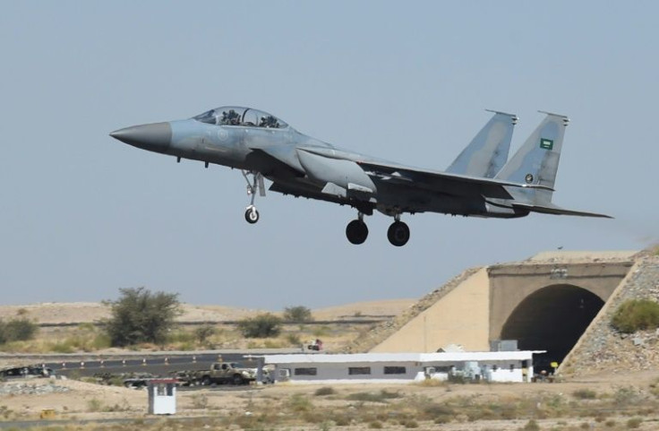 A file picture shows a Saudi fighter jet landing at an airbase in the kingdom