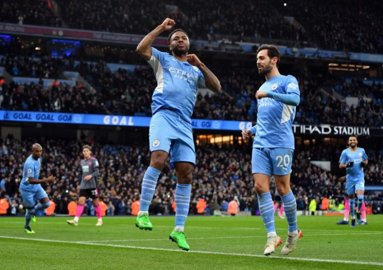 Raheem Sterling (left) scored twice in Manchester City's 6-3 win over Leicester