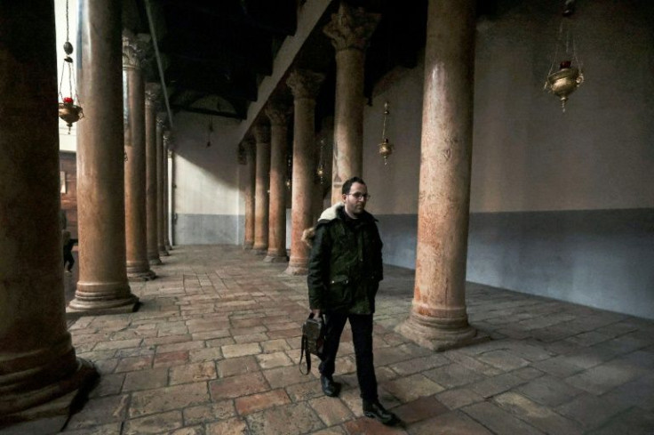 On his first trip outside of the Gaza Strip in two decades Ayyad walked along the colonnade at the Greek Basilica, the Church of the Nativity