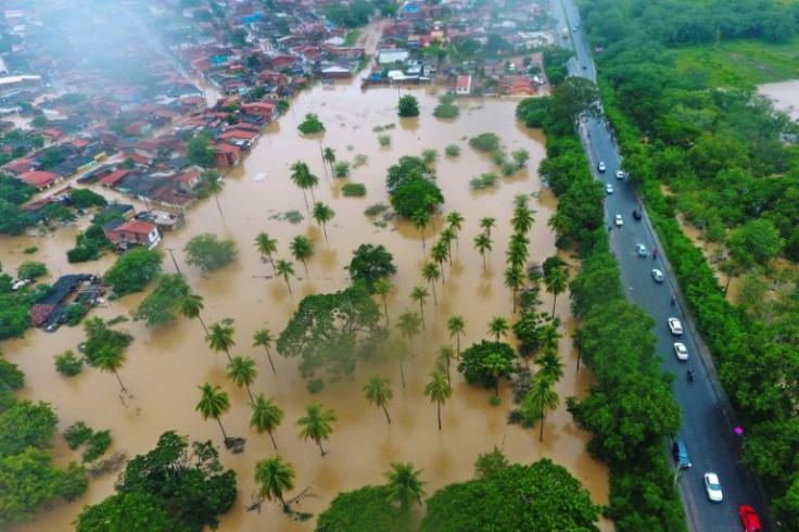 Aerial view of floods caused by heavy rains in Itapetinga, Bahia State, Brazil, on December 26, 2021