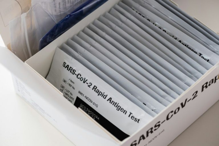 A box with rapid antigen tests for the coronavirus (Covid-19), at the university hospital in Halle/Saale, eastern Germany