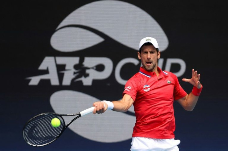 Novak Djokovic hitting a return during the 2021 ATP Cup