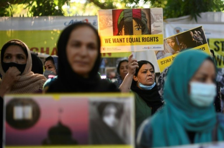 Afghans residing in India protest for women's rights in New Delhi on October 30, 2021