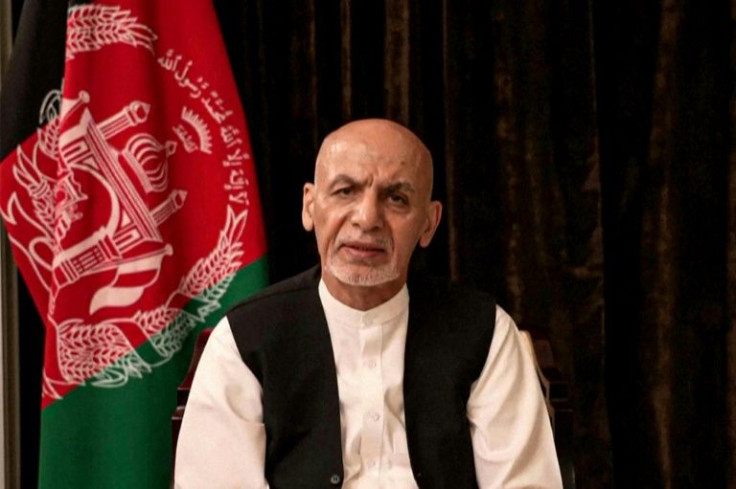 Former Afghan president Ashraf Ghani, in a screengrab taken from his first attempt to explain why he fled Kabul -- a video posted to Facebook on August 18, 2021