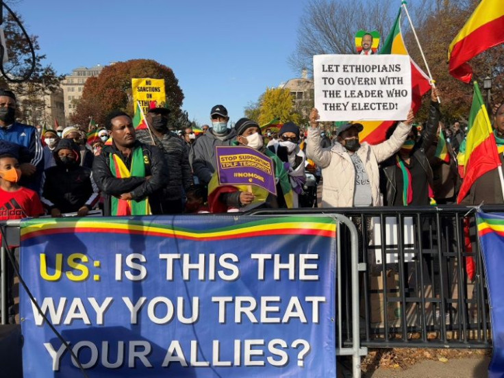 Protesters denounce President Joe Biden's pressure on Ethiopia in a rally outside the White House on November 28, 2021