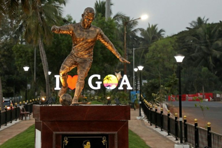 The newly installed statue of Portuguese footballer Cristiano Ronaldo in Calangute