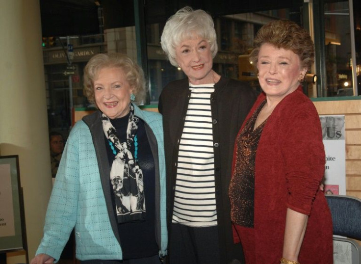Betty White (L) is seen here with "Golden Girls" co-stars Bea Arthur (C) and Rue McClanahan (R) at Barnes & Noble in November 2005 in New York