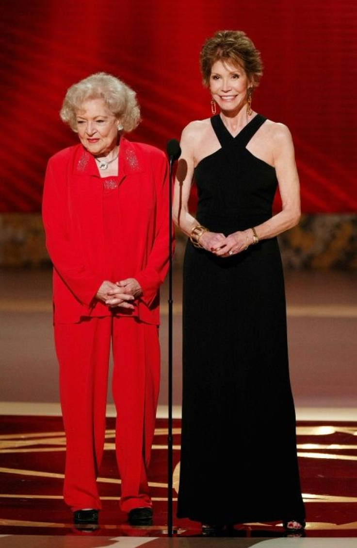 Betty White won two Emmys for her work on "The Mary Tyler Moore Show" as Sue Ann Nivens -- the actresses are seen here in 2008 at the Emmy Awards