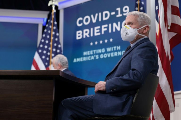 Top US pandemic advisor Anthony Fauci, seen here at a briefing on December 27, 2021, says a near 'vertical' increase in Covid cases may be short-lived