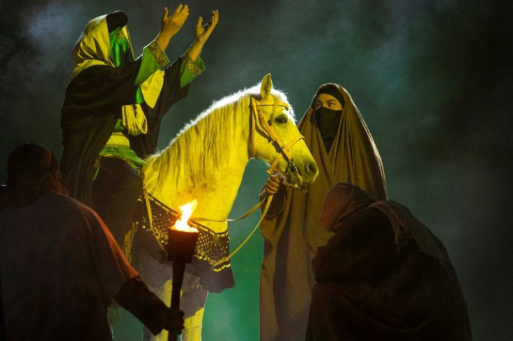 An actor enacts a scene from a play produced by the Hashed al-Shaabi, a former coalition of paramilitary groups now integrated into the Iraqi regular forces