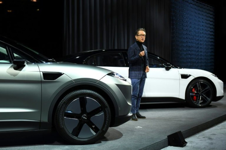 Sony chief executive officer Kenichiro Yoshida unveils the Sony Vision-S SUV prototype electric vehicle during the Sony press conference ahead of the Consumer Electronics Show (CES) on January 4, 2022 in Las Vegas, Nevada