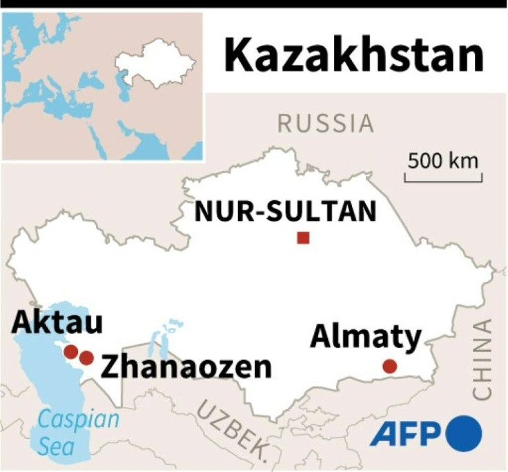 Map of Kazakhstan locating the cities where unprecedented protests erupted in the past few days over an energy price hike.