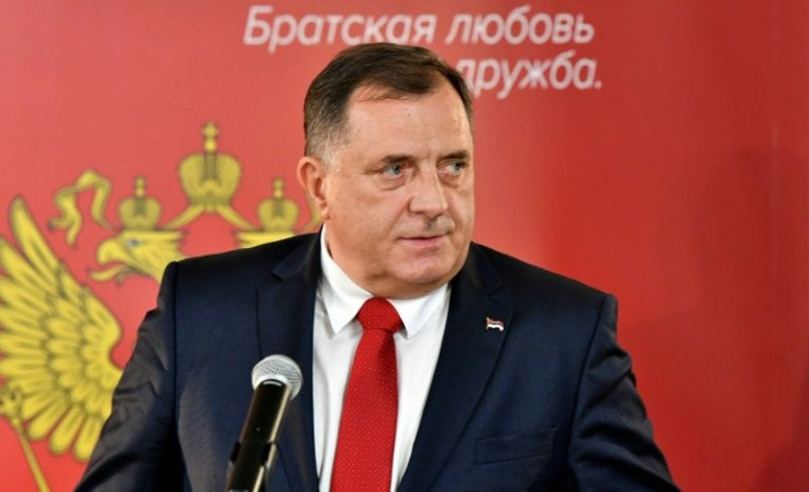 Bosnian Serb leader Milorad Dodik, seen speaking to journalists in Sarajevo in December 2020 after meeting Russia's foreign minister, has been hit by US sanctions over secessionist moves