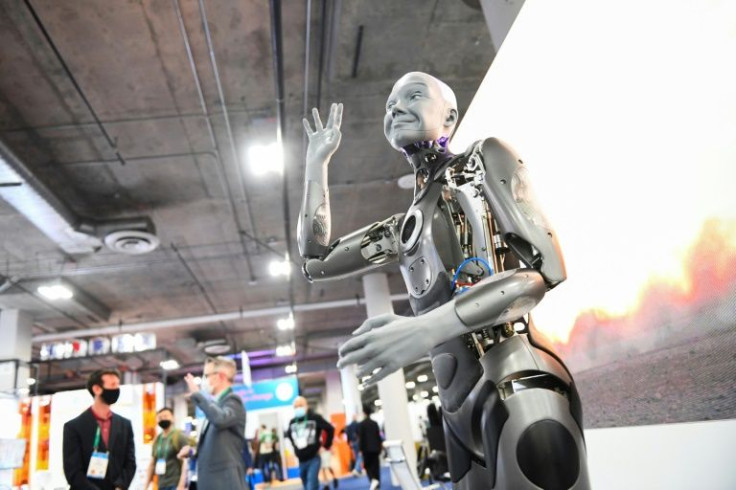The Engineered Arts Ameca humanoid robot with artificial intelligence gestures as it is demonstrated during the Consumer Electronics Show (CES)