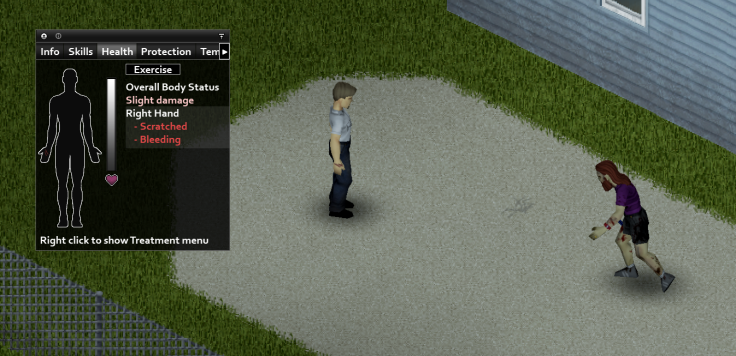 Project Zomboid's health screen shows all important information regarding injuries and status effects