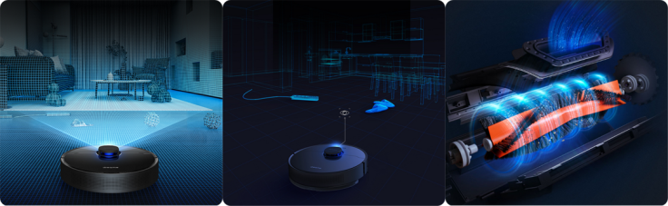 L-R: LiDAR 3D scanning, Object detection, Powerful brush with 4,000 Pa suction force