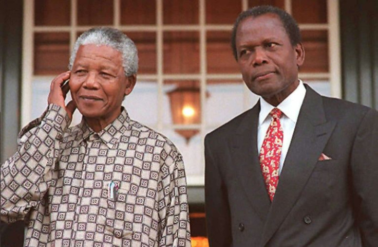 Sidney Poitier (R) portrayed South African leader Nelson Mandela (L) in a television movie -- the pair are seen here in 1996 in Cape Town, where the film was made