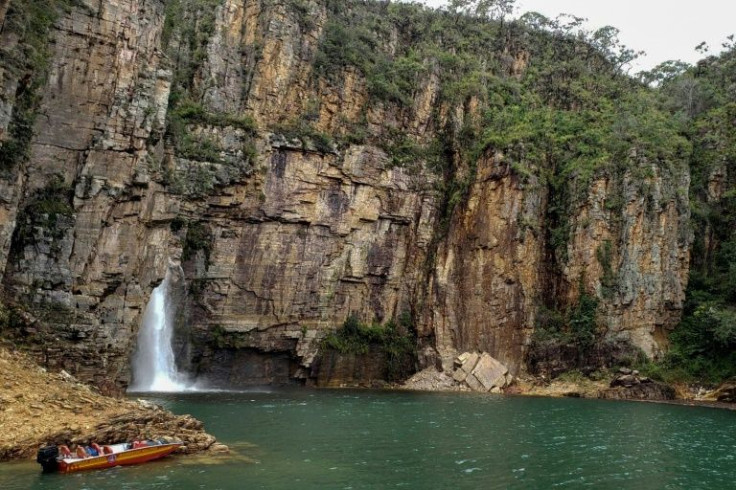 The area where a wall of rock broke from a cliff falling onto several tourist boats, leaving at least six people dead and another 20 still missing, at Furnas Lake in Minas Gerais state, Brazil, on January 8, 2022