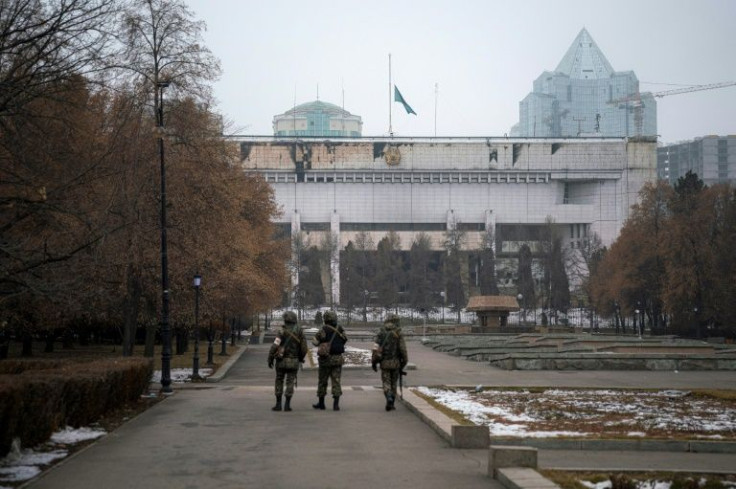 Kazakh soldiers are seen patrolling the streets in Almaty on January 10, 2022