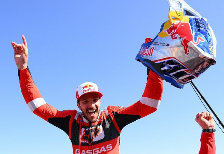 British biker Sam Sunderland celebrates after sealing his second Dakar Rally crown