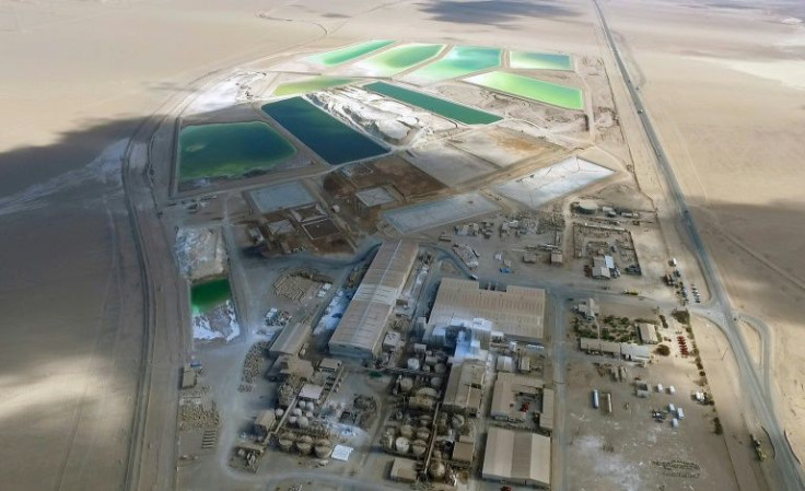 This handout file picture by SQM (Chemical and Mining Society of Chile) taken on December 26, 2016 shows an aerial view of the processing plant of the lithium mine, in Del Carmen salt flat, in the Atacama Desert, northern Chile