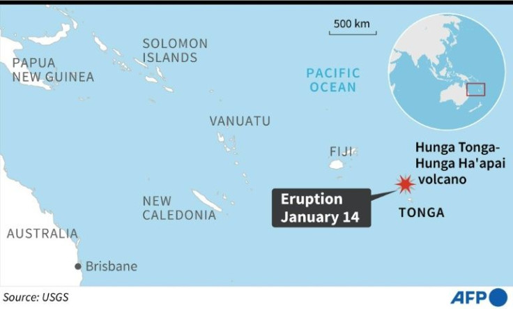 Map locating the Hunga Tonga-Hunga Ha'apai volcano, which erupted January 14, sending large waves crashing ashore in Tonga