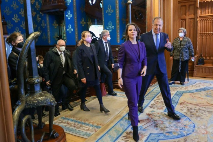 Negotiations between Russia and the West -- German Foreign Minister Annalena Baerbock and her Russian counterpart Sergei Lavrov are seen here -- have done little to ease concerns over Ukraine's security