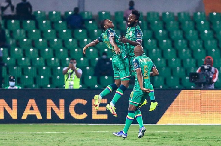 Comoros' players celebrate after scoring the opening goal of an Africa Cup of Nations Group C match in Garoua on Tuesday.