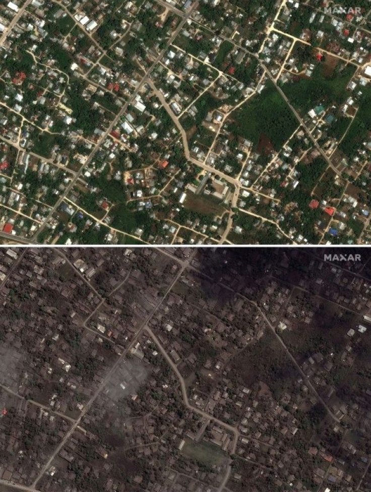 Satellite images show residential homes and buildings in an area of Tonga on December 19, 2021 and the same area on January 18, 2022, after the tsunami
