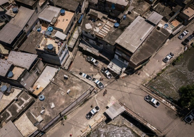 An aerial view of police vehicles during a government operation to retake the the notorious Jacarezinho favela in Rio de Janeiro
